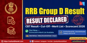 RRB Group D Result 2026 declared banner with result stamp, Indian Railways icon, and sarkaribharati.com branding